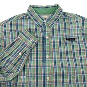 Columbia‎ PFG Fishing Shirt Mens L Green Plaid Long Sleeve Ventilated Button Up